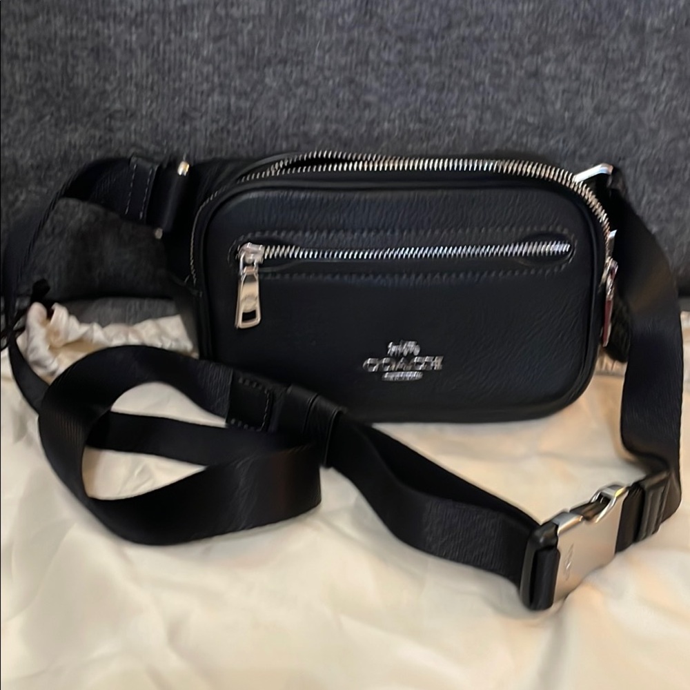 Coach Elias mini Black Belt Bag with Adjustable Strap.